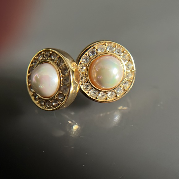 Vintage Faux Pearl Rhinestone Post Earrings - Picture 4 of 10